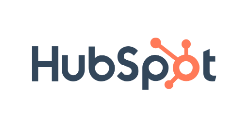 HubSpot logo with a blue wordmark and an orange circular hub icon on a black background.