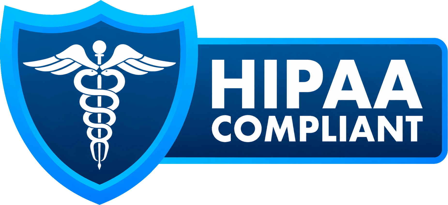 Blue HIPAA-compliant badge featuring a shield with a caduceus and the words HIPAA COMPLIANT.