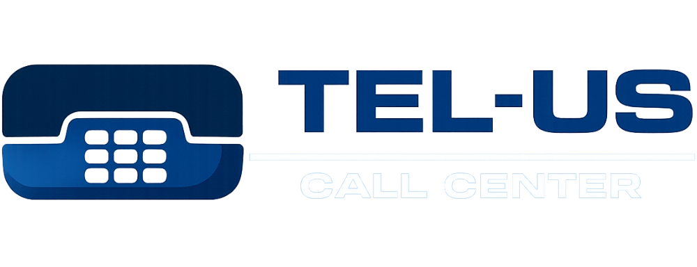 Blue Tel-US call center logo featuring a stylized phone icon on the left.