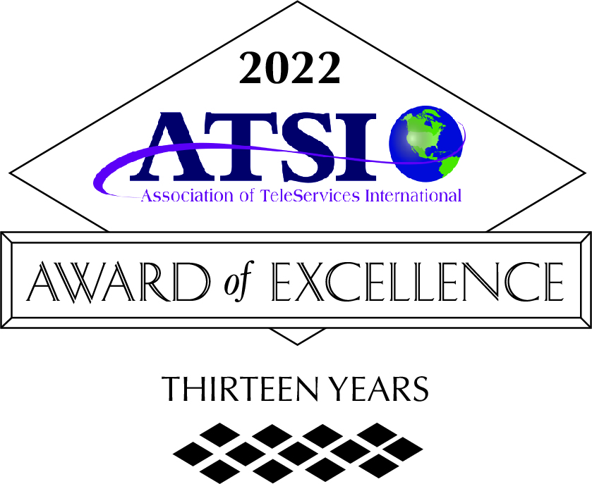 2022 ATSI Award of Excellence logo from the Association of TeleSenses International, featuring a globe icon, a framed “AWARD OF EXCELLENCE” banner, and a “THIRTEEN YEARS” caption.