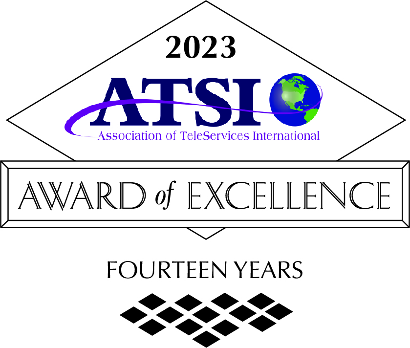ATSI 2023 Award of Excellence logo for the Association of TeleServices International, featuring a globe icon and the text "FOURTEEN YEARS" above a row of diamond shapes.