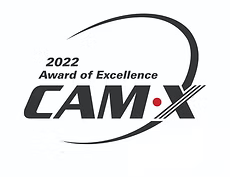 Logo for the 2022 Award of Excellence CAMX, featuring a curved swoosh and a red dot.