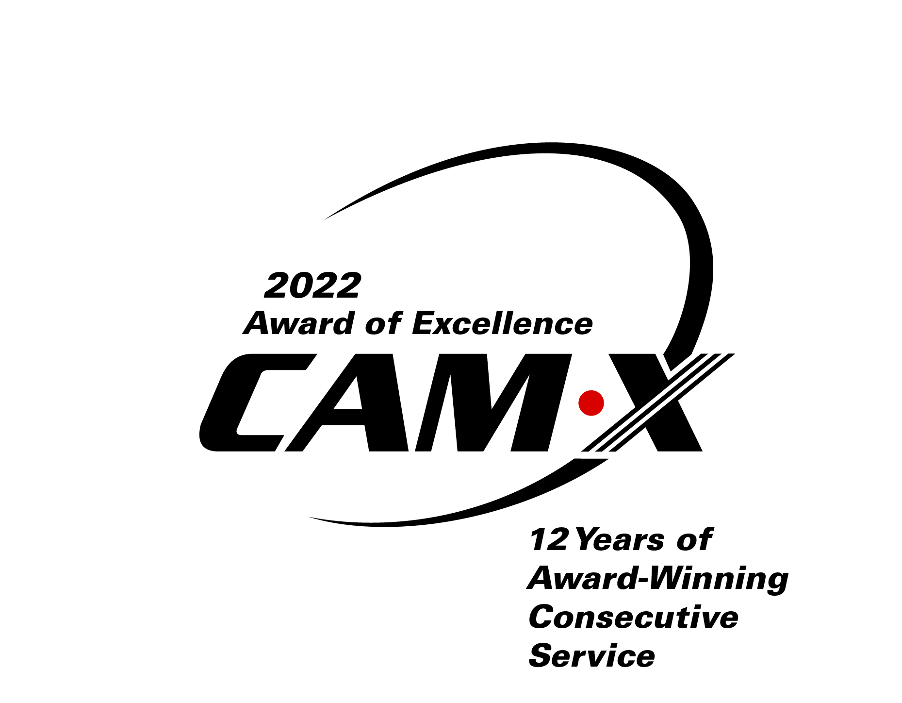 CAM•X logo with “2022 Award of Excellence” and the tagline “12 Years of Award-Winning Consecutive Service” and a curved swoosh.