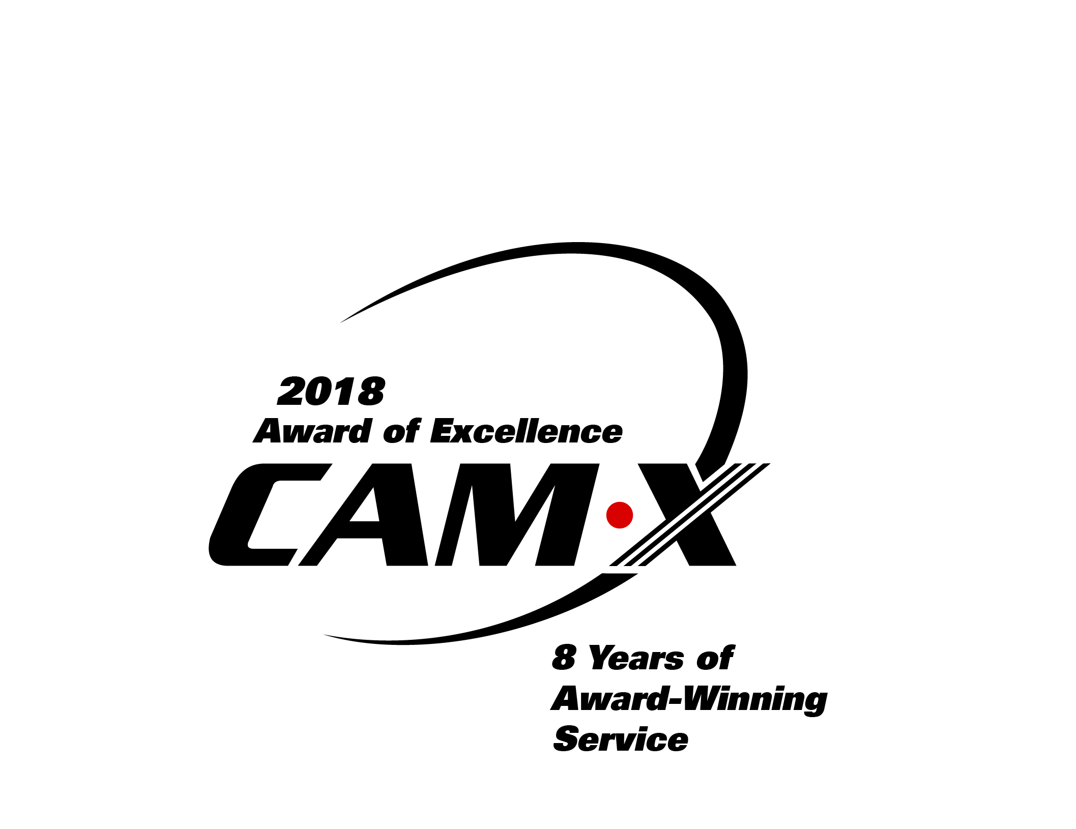 CAMX logo featuring a curved swoosh and the phrases “2018 Award of Excellence” and “8 Years of Award-Winning Service.”