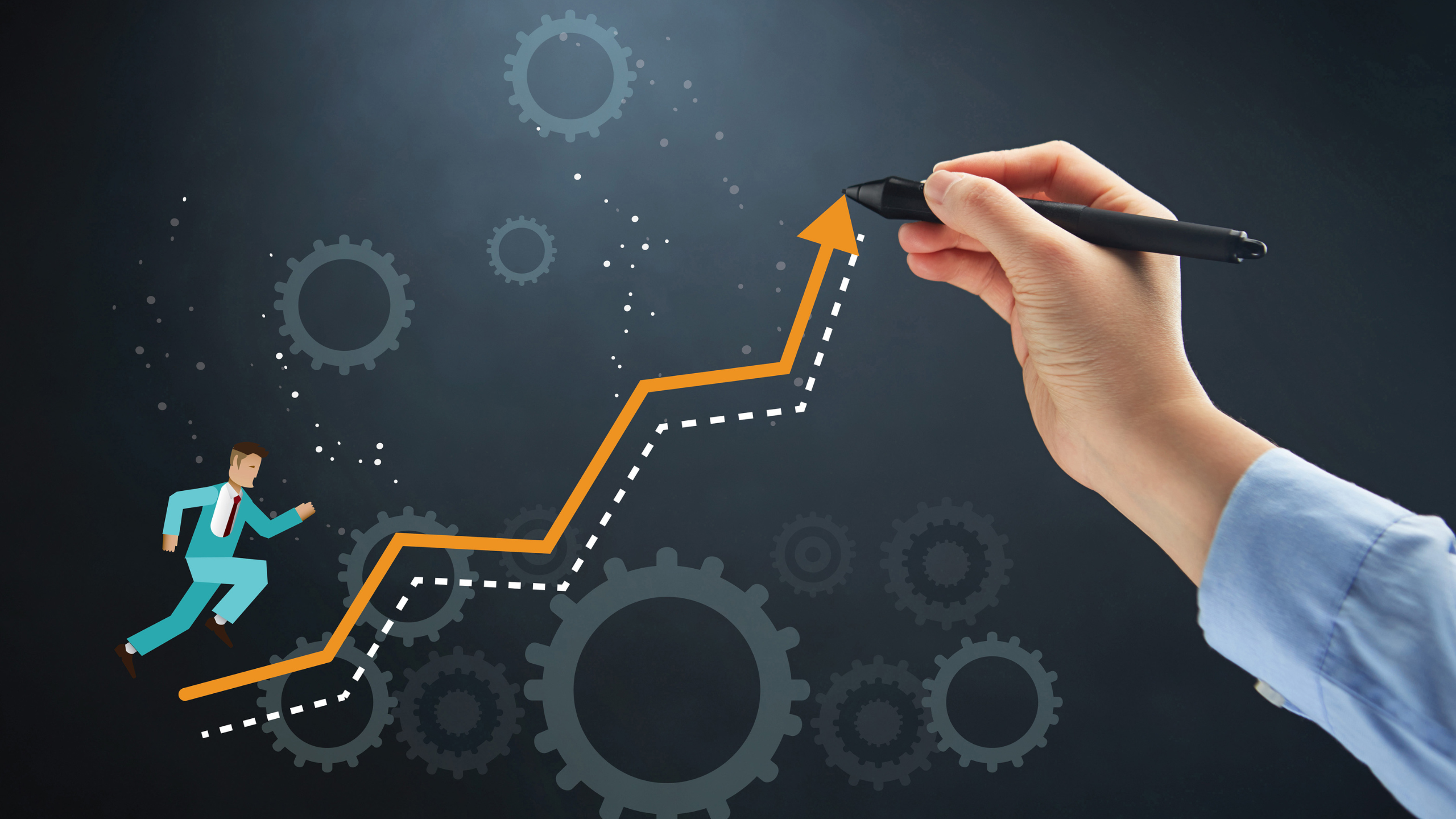 A person climbs an upward orange growth line drawn by a hand holding a pen, set against a backdrop of gears.