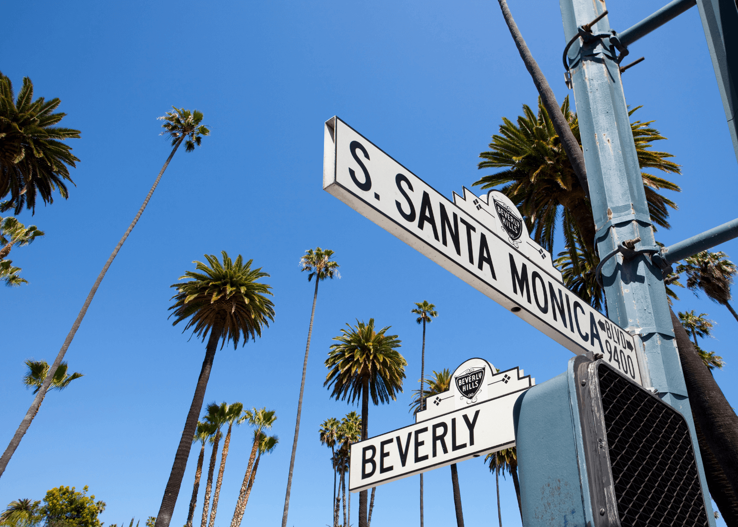 Street signs for S. Santa Monica Blvd and Beverly Blvd rise above tall palm trees against a clear blue sky.