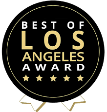 Circular black and gold Best of Los Angeles Award badge with five stars and a ribbon.