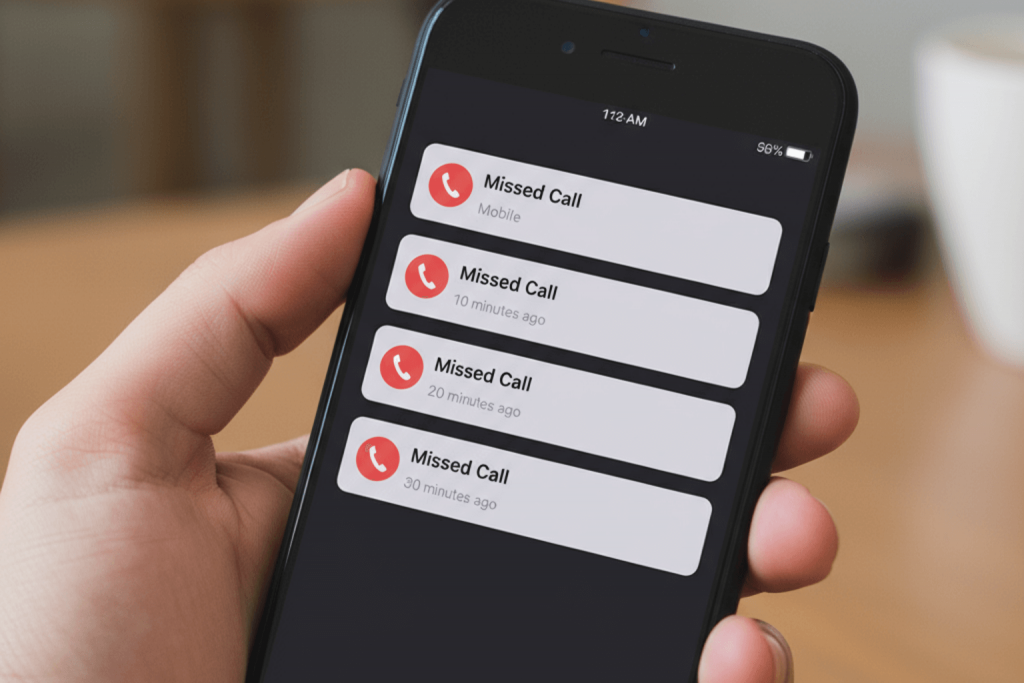 A hand holds a smartphone displaying four missed call notifications.